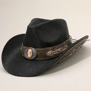 Black Stone Stud Leather Band Ornate Brim Western Straw Hat
